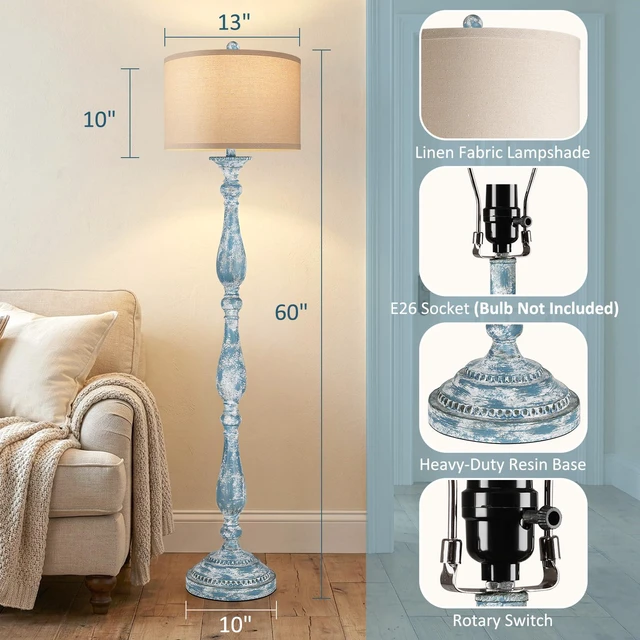 Alt view image 2 of 7 - Vintage Floor Lamp for Living Room, Rustic Farmhouse Standing Lamp with Rotary Switch and Linen Shade, Retro Resin Floor Lamp for Bedroom, Corner, Dining Room, House Decor, Wash Blue
