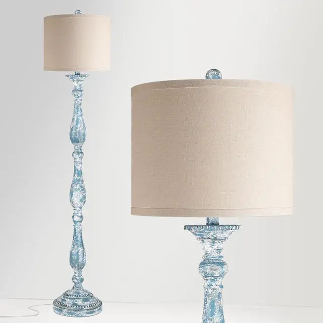 Alt view image 3 of 7 - Vintage Floor Lamp for Living Room, Rustic Farmhouse Standing Lamp with Rotary Switch and Linen Shade, Retro Resin Floor Lamp for Bedroom, Corner, Dining Room, House Decor, Wash Blue