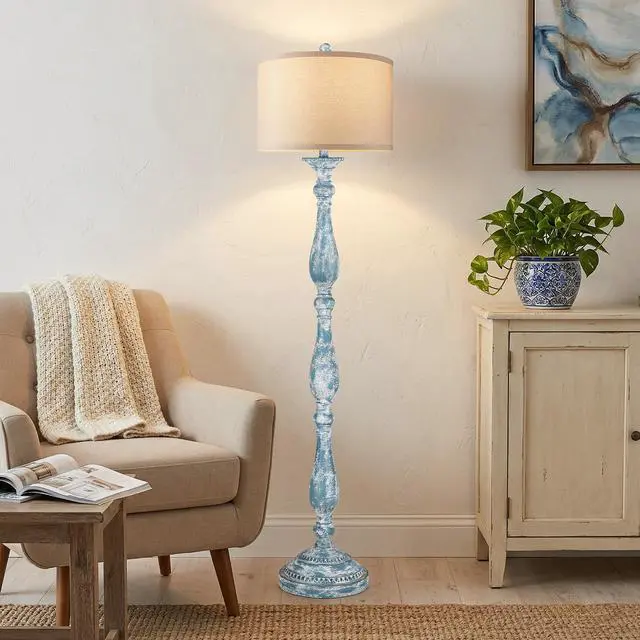 Alt view image 4 of 7 - Vintage Floor Lamp for Living Room, Rustic Farmhouse Standing Lamp with Rotary Switch and Linen Shade, Retro Resin Floor Lamp for Bedroom, Corner, Dining Room, House Decor, Wash Blue