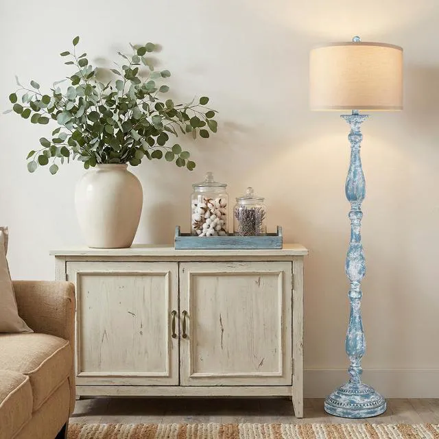 Alt view image 5 of 7 - Vintage Floor Lamp for Living Room, Rustic Farmhouse Standing Lamp with Rotary Switch and Linen Shade, Retro Resin Floor Lamp for Bedroom, Corner, Dining Room, House Decor, Wash Blue