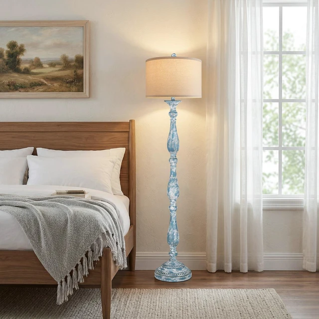 Alt view image 6 of 7 - Vintage Floor Lamp for Living Room, Rustic Farmhouse Standing Lamp with Rotary Switch and Linen Shade, Retro Resin Floor Lamp for Bedroom, Corner, Dining Room, House Decor, Wash Blue