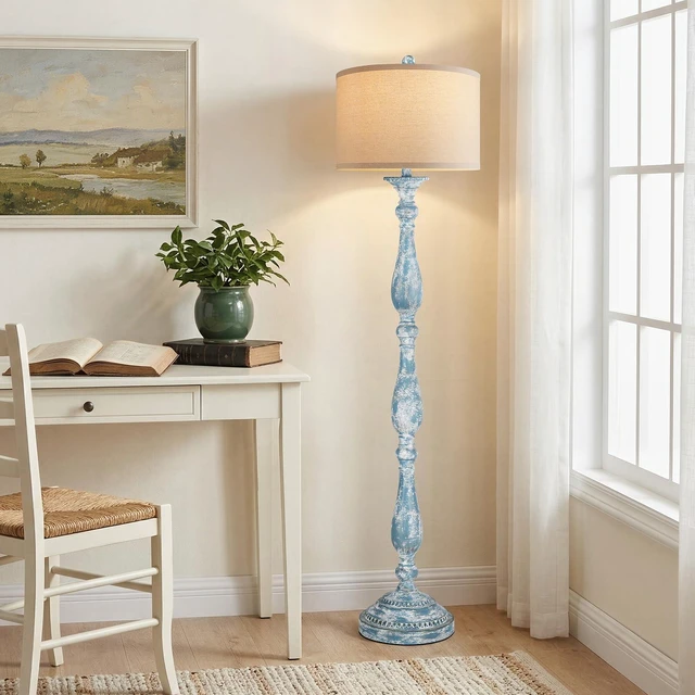Alt view image 7 of 7 - Vintage Floor Lamp for Living Room, Rustic Farmhouse Standing Lamp with Rotary Switch and Linen Shade, Retro Resin Floor Lamp for Bedroom, Corner, Dining Room, House Decor, Wash Blue