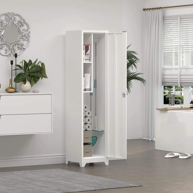 Alt view image 7 of 7 - Slim Broom Storage Cabinets, Metal Cabinet with Shelves and Hanging Rod, 15.75" W Utility Storage Cabinet with Locking Door, Slim Cabinet for Small Spaces, Kitchen, Pantry, Office, Shop
