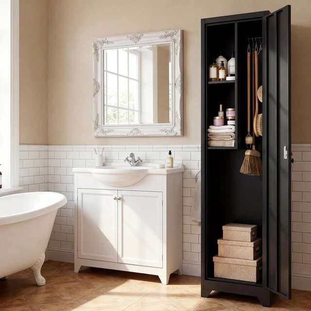 Alt view image 2 of 7 - Utility Closet for Cleaning Supplies, Black Metal Storage Cabinet 65 H Broom Closet Storage Cabinet with Hanging Rod, Skinny Cabinet with Lock, Narrow Storage for Laundry, Bathroom