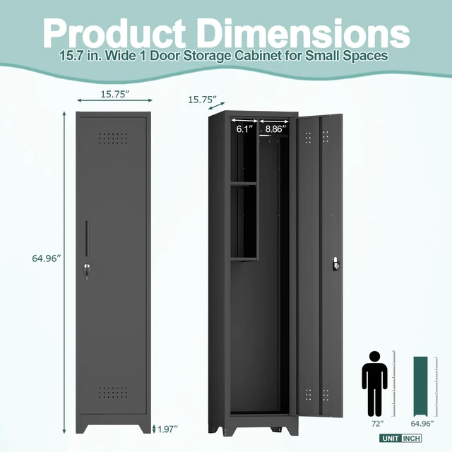 Alt view image 3 of 7 - Utility Closet for Cleaning Supplies, Black Metal Storage Cabinet 65 H Broom Closet Storage Cabinet with Hanging Rod, Skinny Cabinet with Lock, Narrow Storage for Laundry, Bathroom