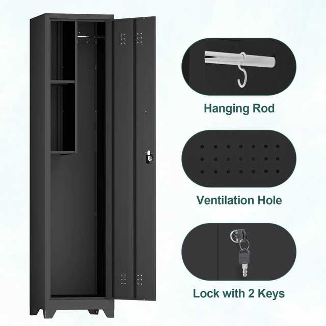 Alt view image 4 of 7 - Utility Closet for Cleaning Supplies, Black Metal Storage Cabinet 65 H Broom Closet Storage Cabinet with Hanging Rod, Skinny Cabinet with Lock, Narrow Storage for Laundry, Bathroom