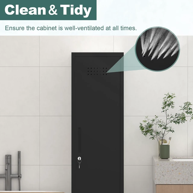 Alt view image 5 of 7 - Utility Closet for Cleaning Supplies, Black Metal Storage Cabinet 65 H Broom Closet Storage Cabinet with Hanging Rod, Skinny Cabinet with Lock, Narrow Storage for Laundry, Bathroom