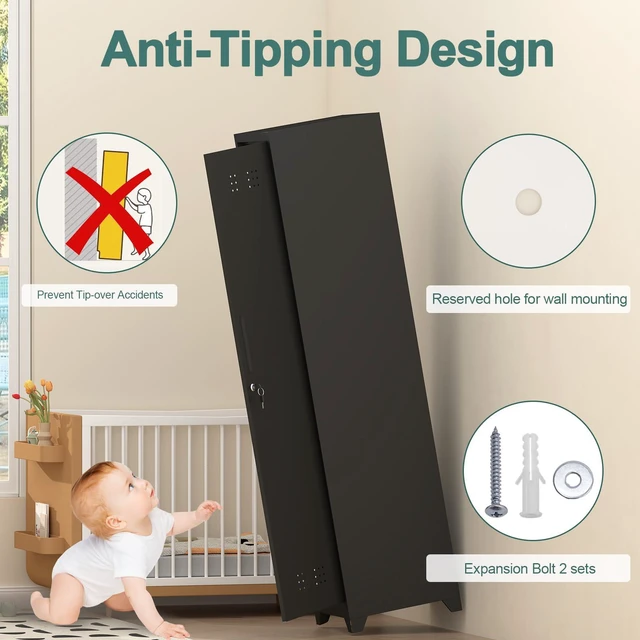 Alt view image 6 of 7 - Utility Closet for Cleaning Supplies, Black Metal Storage Cabinet 65 H Broom Closet Storage Cabinet with Hanging Rod, Skinny Cabinet with Lock, Narrow Storage for Laundry, Bathroom
