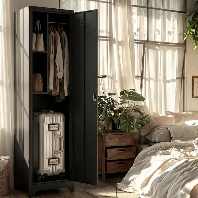 Alt view image 7 of 7 - Utility Closet for Cleaning Supplies, Black Metal Storage Cabinet 65 H Broom Closet Storage Cabinet with Hanging Rod, Skinny Cabinet with Lock, Narrow Storage for Laundry, Bathroom