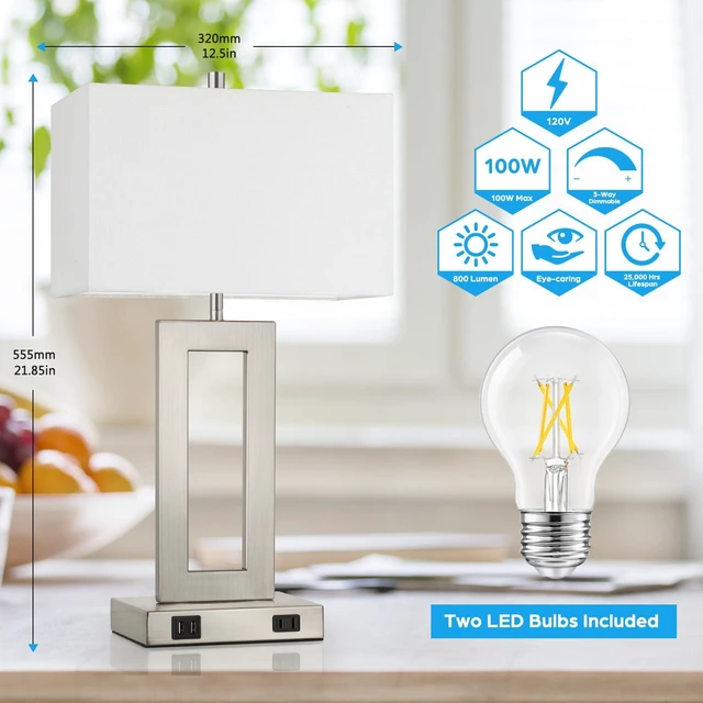 Alt view image 3 of 7 - 22" Silver Modern Table Lamp Set of 2 with 2 USB Ports&AC Outlet 3 Way Dimmable, Touch Control, White Fabric Shade, E26 Base, Desk Lamp for Living Room, Bedroom, 2 Bulbs Included