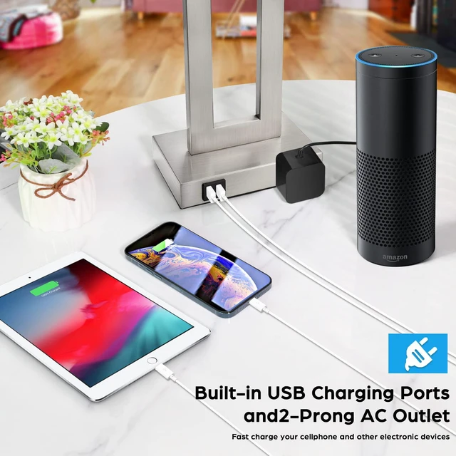 Alt view image 4 of 7 - 22" Silver Modern Table Lamp Set of 2 with 2 USB Ports&AC Outlet 3 Way Dimmable, Touch Control, White Fabric Shade, E26 Base, Desk Lamp for Living Room, Bedroom, 2 Bulbs Included