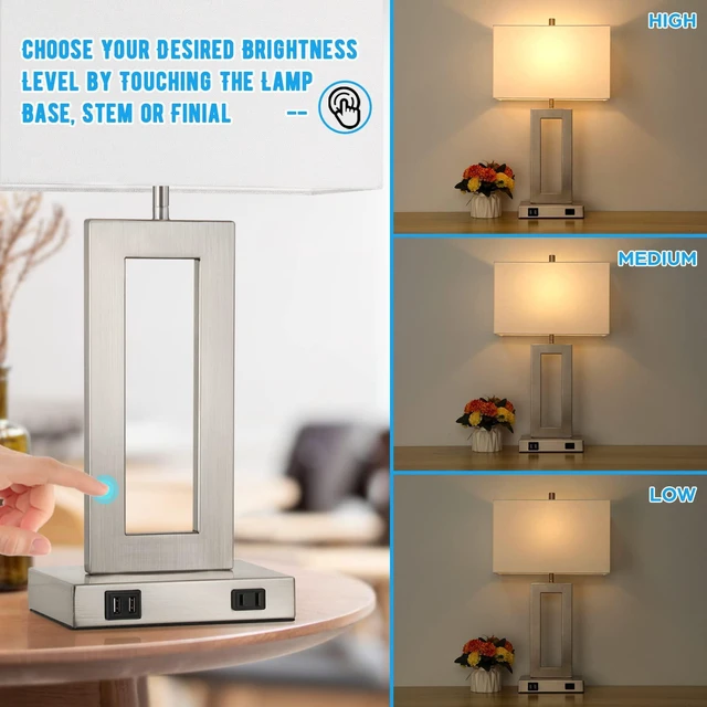 Alt view image 5 of 7 - 22" Silver Modern Table Lamp Set of 2 with 2 USB Ports&AC Outlet 3 Way Dimmable, Touch Control, White Fabric Shade, E26 Base, Desk Lamp for Living Room, Bedroom, 2 Bulbs Included