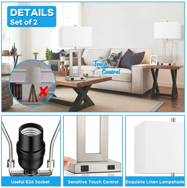 Alt view image 6 of 7 - 22" Silver Modern Table Lamp Set of 2 with 2 USB Ports&AC Outlet 3 Way Dimmable, Touch Control, White Fabric Shade, E26 Base, Desk Lamp for Living Room, Bedroom, 2 Bulbs Included