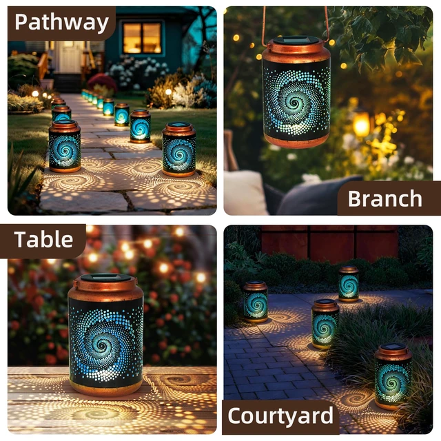Alt view image 5 of 7 - Birthday Gifts for Women Mom Grandma Wife, Solar Lanterns Outdoor Waterproof, Metal Hanging Lights Garden Decor, LED Decorative Lantern for Patio Porch Backyard, Blue, 4 Pack