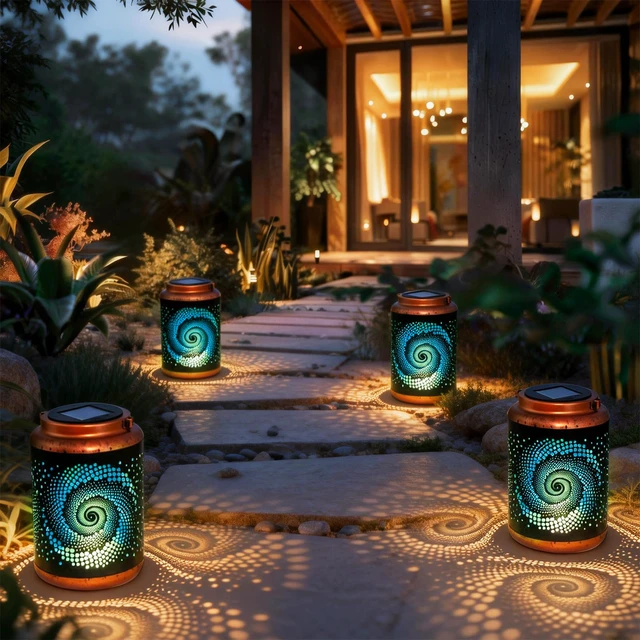 Alt view image 6 of 7 - Birthday Gifts for Women Mom Grandma Wife, Solar Lanterns Outdoor Waterproof, Metal Hanging Lights Garden Decor, LED Decorative Lantern for Patio Porch Backyard, Blue, 4 Pack