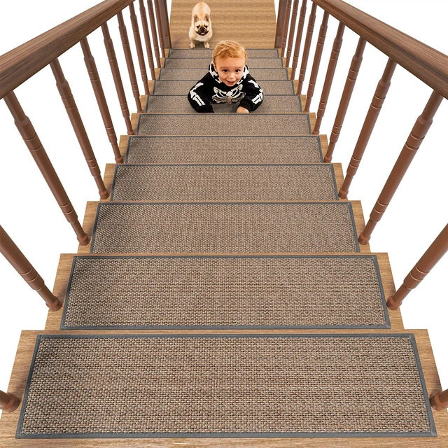 Main image of Non Slip Stair-Treads, Rubber Backing Stair-Runners for Wooden Steps 15PCS Residue Free Carpet Stair Treads for Kids and Dogs 8"x30" Light Gray