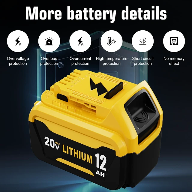 Alt view image 4 of 7 - 2Packs 12.0Ah DCB206 Replacement for Dewalt 20V Battery and DCB102 Charger Compatible with Dewalt 20V Battery Lithium DCB203 DCB207 DCB204 DCB201 Power Tool