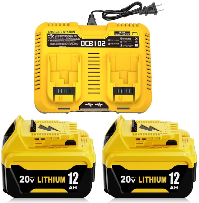 Main image of 2Pack 12000mAh DCB206 Replacement for Dewalt 20V Battery and DCB102 Charger Compatible with Dewalt 20V Max Battery DCB203 DCB207 DCB200 DCD DCF DCG Series Cordless Power Tools