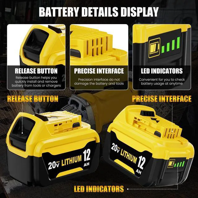 Alt view image 3 of 7 - 2Pack 12000mAh DCB206 Replacement for Dewalt 20V Battery and DCB102 Charger Compatible with Dewalt 20V Max Battery DCB203 DCB207 DCB200 DCD DCF DCG Series Cordless Power Tools