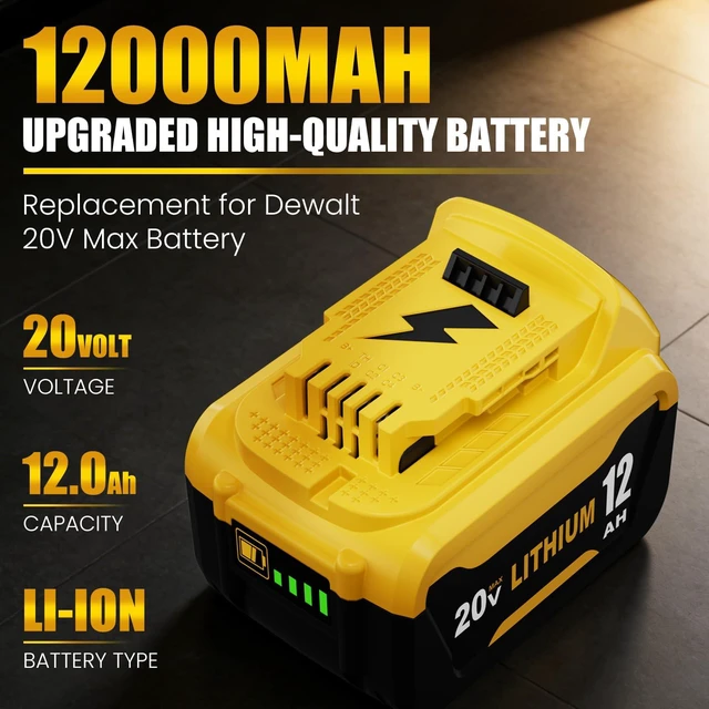 Alt view image 2 of 7 - 2Pack 12000mAh DCB206 Replacement for Dewalt 20V Battery and DCB102 Charger Compatible with Dewalt 20V Max Battery DCB203 DCB207 DCB200 DCD DCF DCG Series Cordless Power Tools