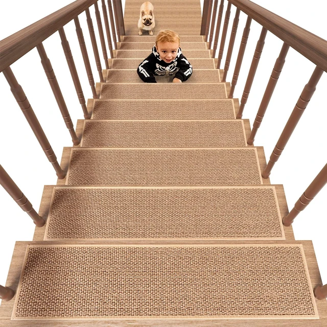 Main image of Non Slip Stair-Treads, Rubber Backing Stair-Runners for Wooden Steps 7PCS Residue Free Carpet Stair Treads for Kids and Dogs 8"x30" Beige