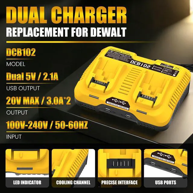 Alt view image 4 of 7 - 2Pack 12000mAh DCB206 Replacement for Dewalt 20V Battery and DCB102 Charger Compatible with Dewalt 20V Max Battery DCB203 DCB207 DCB200 DCD DCF DCG Series Cordless Power Tools