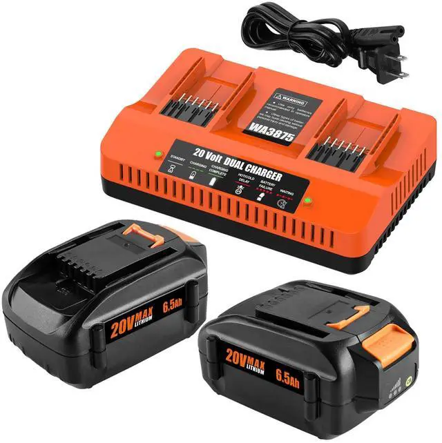 Main image of 2 Pack 6.5Ah Replacement for Worx 20V Battery and Dual Charger 20V Lithium Battery Compatible With Worx 20V, 2 Batteries With Dual Charger, For Drill, Leaf Blower, Trimmer, Non-OEM
