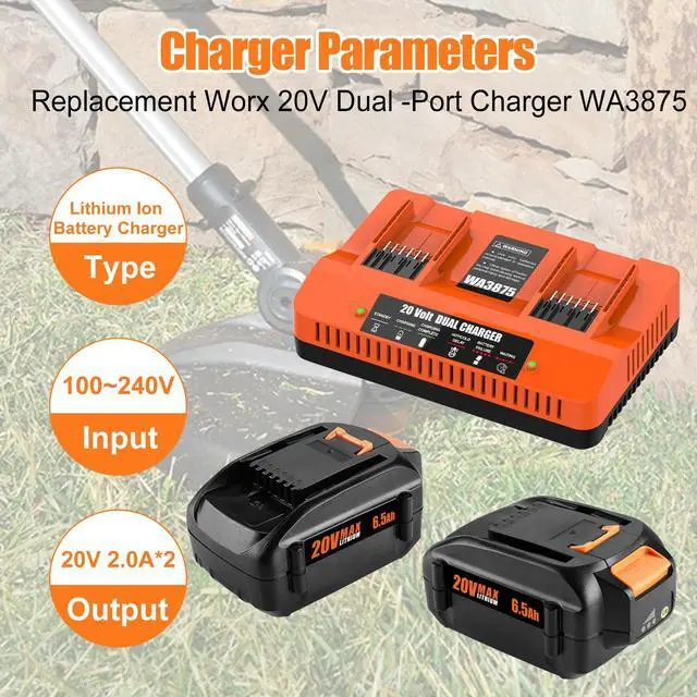 Alt view image 2 of 7 - 2 Pack 6.5Ah Replacement for Worx 20V Battery and Dual Charger 20V Lithium Battery Compatible With Worx 20V, 2 Batteries With Dual Charger, For Drill, Leaf Blower, Trimmer, Non-OEM