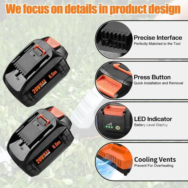 Alt view image 3 of 7 - 2 Pack 6.5Ah Replacement for Worx 20V Battery and Dual Charger 20V Lithium Battery Compatible With Worx 20V, 2 Batteries With Dual Charger, For Drill, Leaf Blower, Trimmer, Non-OEM