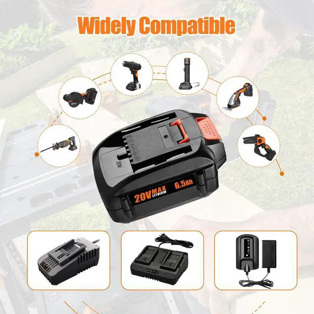 Alt view image 4 of 7 - 2 Pack 6.5Ah Replacement for Worx 20V Battery and Dual Charger 20V Lithium Battery Compatible With Worx 20V, 2 Batteries With Dual Charger, For Drill, Leaf Blower, Trimmer, Non-OEM