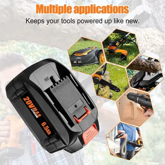 Alt view image 5 of 7 - 2 Pack 6.5Ah Replacement for Worx 20V Battery and Dual Charger 20V Lithium Battery Compatible With Worx 20V, 2 Batteries With Dual Charger, For Drill, Leaf Blower, Trimmer, Non-OEM