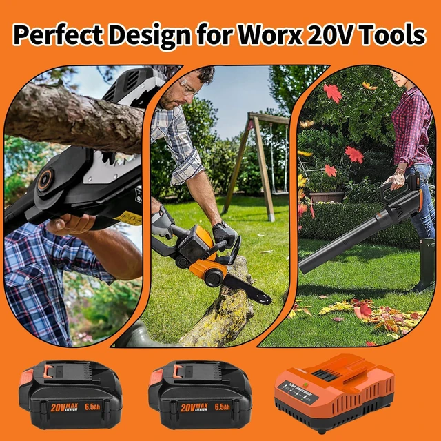 Alt view image 6 of 7 - 2 Pack 6.5Ah Replacement for Worx 20V Battery and Dual Charger 20V Lithium Battery Compatible With Worx 20V, 2 Batteries With Dual Charger, For Drill, Leaf Blower, Trimmer, Non-OEM