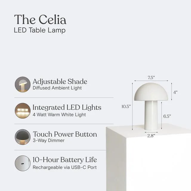 Alt view image 4 of 7 - Celia Table Lamp 10" Touch-Controlled Mushroom Small Lamp, Cordless & Dimmable LED, Portable Bedside Night Light, Sustainable Accent Light, Recycled Modern Patio Lamp, Home Décor Cream