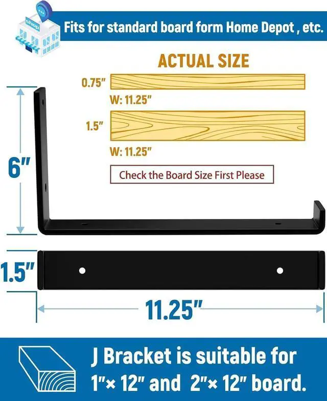 Alt view image 3 of 7 - 12 inch Shelf Brackets 12-Pack, 1/5" Thick Floating Shelf Bracket 11.25" x 6" x 1.5", Heavy Duty Shelf Support for DIY Wall Shelf, Black Industrial Bracket for Kitchen, Garage, Living Room