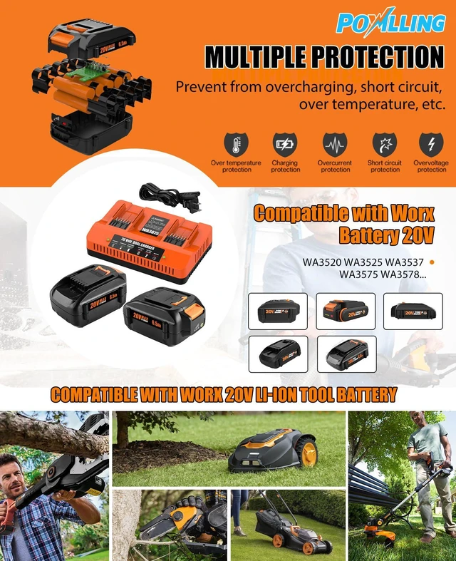 Alt view image 7 of 7 - 2 Pack 6.5Ah Replacement for Worx 20V Battery and Dual Charger 20V Lithium Battery Compatible With Worx 20V, 2 Batteries With Dual Charger, For Drill, Leaf Blower, Trimmer, Non-OEM