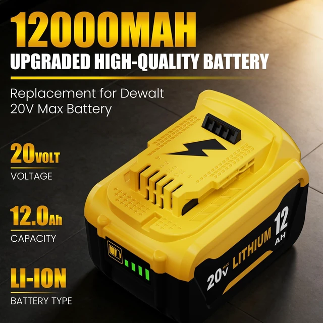 Alt view image 2 of 7 - 12.0Ah DCB206 Replace for Dewalt 20V Max Battery and DCB107 Charger, 2Pack Compatible with Dewalt 20V Battery DCB200 DCB201 DCB203 DCB207 DCD/DCF/DCG Series Power Tools