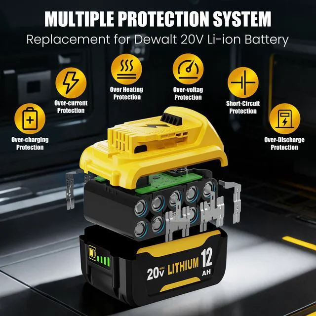 Alt view image 5 of 7 - 12.0Ah DCB206 Replace for Dewalt 20V Max Battery and DCB107 Charger, 2Pack Compatible with Dewalt 20V Battery DCB200 DCB201 DCB203 DCB207 DCD/DCF/DCG Series Power Tools