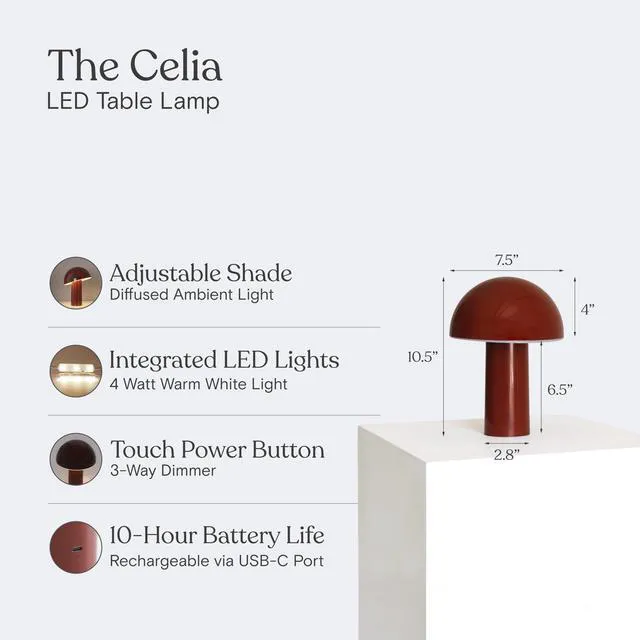 Alt view image 6 of 7 - Celia Table Lamp 10" Touch-Controlled Mushroom Accent Lamp, Cordless & Dimmable LED, Portable & Rechargeable Bedside Night Light, Sustainable Recycled Modern Patio Lamp for Home Décor, Red