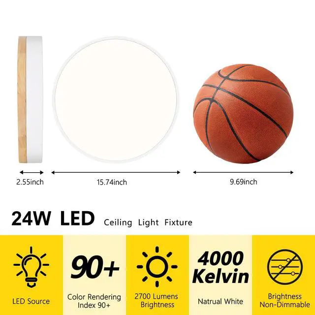 Alt view image 2 of 7 - Modern Wood White Flush Mount Ceiling Light 15.75 Inch Round LED Low Profile Lighting Fixture For Kitchen Bedroom Bathroom Laundry Hallway Entryway Closet Living Room