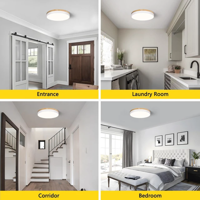 Alt view image 3 of 7 - Modern Wood White Flush Mount Ceiling Light 15.75 Inch Round LED Low Profile Lighting Fixture For Kitchen Bedroom Bathroom Laundry Hallway Entryway Closet Living Room