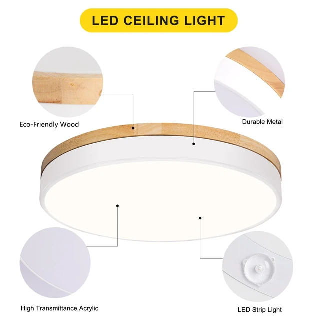 Alt view image 4 of 7 - Modern Wood White Flush Mount Ceiling Light 15.75 Inch Round LED Low Profile Lighting Fixture For Kitchen Bedroom Bathroom Laundry Hallway Entryway Closet Living Room