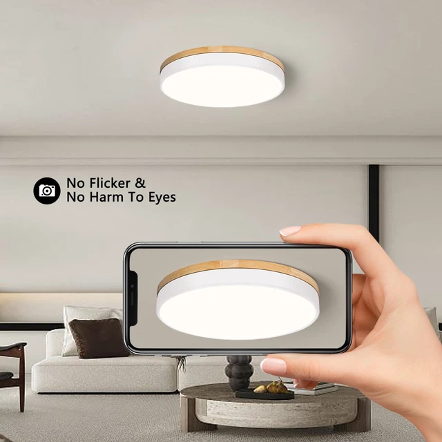 Alt view image 5 of 7 - Modern Wood White Flush Mount Ceiling Light 15.75 Inch Round LED Low Profile Lighting Fixture For Kitchen Bedroom Bathroom Laundry Hallway Entryway Closet Living Room