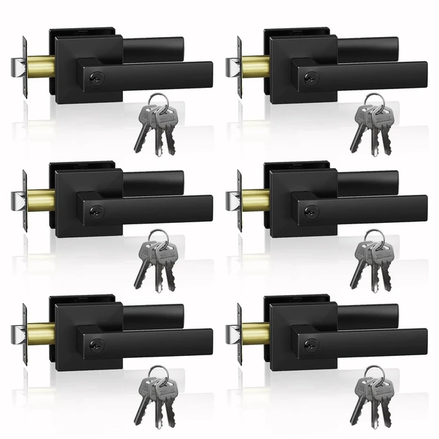 Main image of Matte Black Door Handle Heavy Duty,Different Key Entry Door Lever Door Knobs with Lock and Key, Square Door Lever for Bedroom, Bathroom and Front Door6 Pack