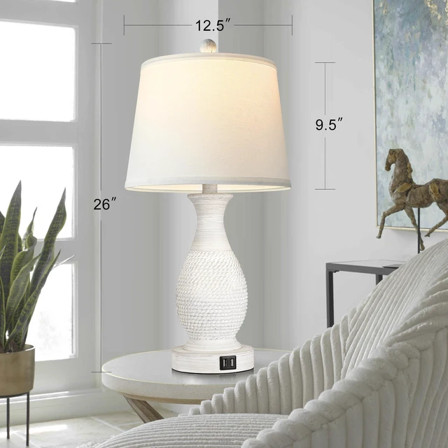Alt view image 3 of 7 - Set of 2 Table Lamps with USB C+A Fast Charging Ports, 26" Tall Farmhouse Living Room Lamp with 3-Way Dimmable Nightstand Lamp White Fabric Shade for Living Room Bedroom Home Office