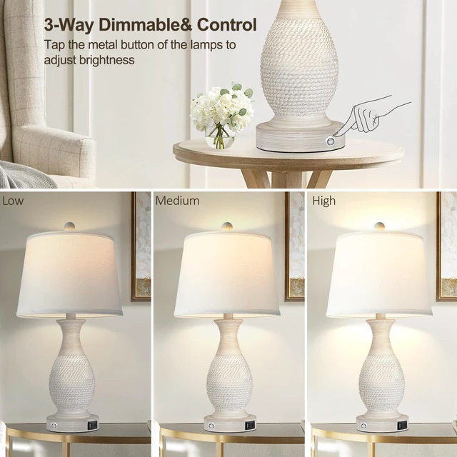 Alt view image 4 of 7 - Set of 2 Table Lamps with USB C+A Fast Charging Ports, 26" Tall Farmhouse Living Room Lamp with 3-Way Dimmable Nightstand Lamp White Fabric Shade for Living Room Bedroom Home Office