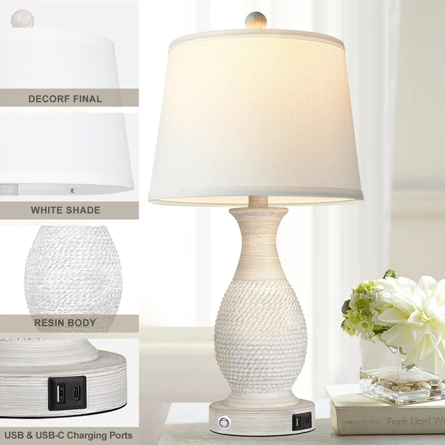 Alt view image 6 of 7 - Set of 2 Table Lamps with USB C+A Fast Charging Ports, 26" Tall Farmhouse Living Room Lamp with 3-Way Dimmable Nightstand Lamp White Fabric Shade for Living Room Bedroom Home Office