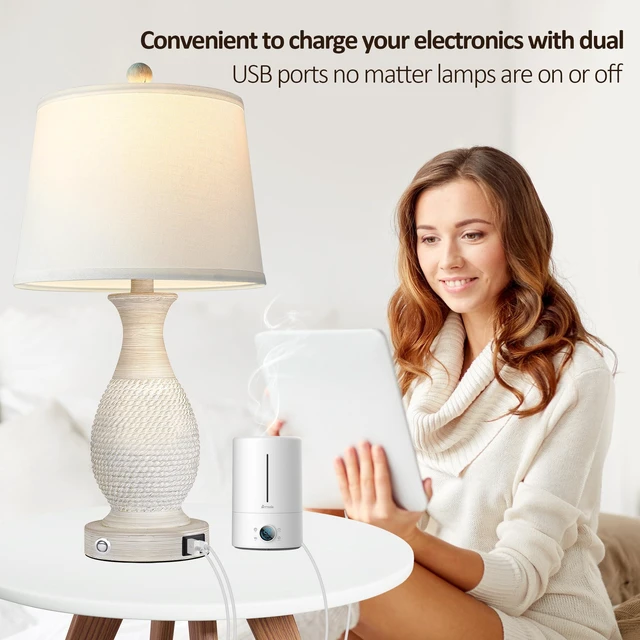 Alt view image 5 of 7 - Set of 2 Table Lamps with USB C+A Fast Charging Ports, 26" Tall Farmhouse Living Room Lamp with 3-Way Dimmable Nightstand Lamp White Fabric Shade for Living Room Bedroom Home Office