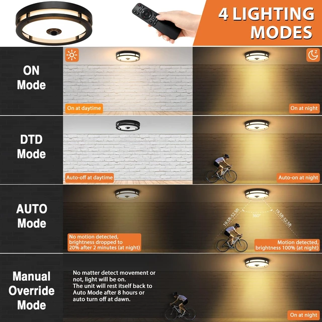 Alt view image 4 of 7 - Outdoor Motion Sensor Ceiling Light with Remote,Dimmable,12",2Pack 2700-5000K, Aluminum Exterior LED Flush Mount Fixture, Dusk to Dawn, Modern for Balcony,Garage,Entryway,Patio,Porch, Black