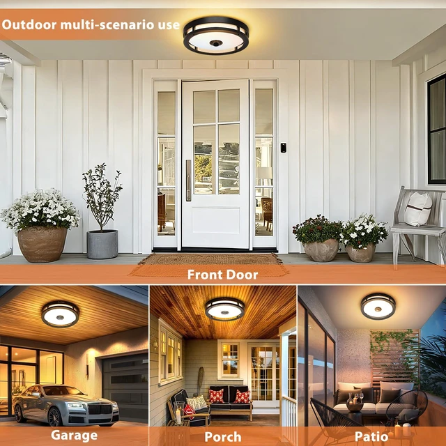 Alt view image 7 of 7 - Outdoor Motion Sensor Ceiling Light with Remote,Dimmable,12",2Pack 2700-5000K, Aluminum Exterior LED Flush Mount Fixture, Dusk to Dawn, Modern for Balcony,Garage,Entryway,Patio,Porch, Black