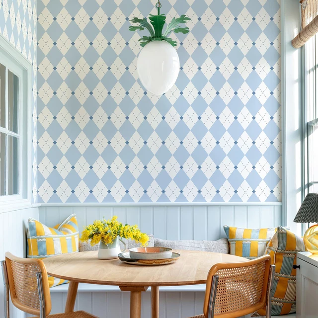Main image of Retro Checkered Peel and Stick Wallpaper Light Blue and White Wallpaper 17.3"x480" Vintage Plaid British Geometric Wall Paper for Bathroom Kitchen Cabinet Contact Paper